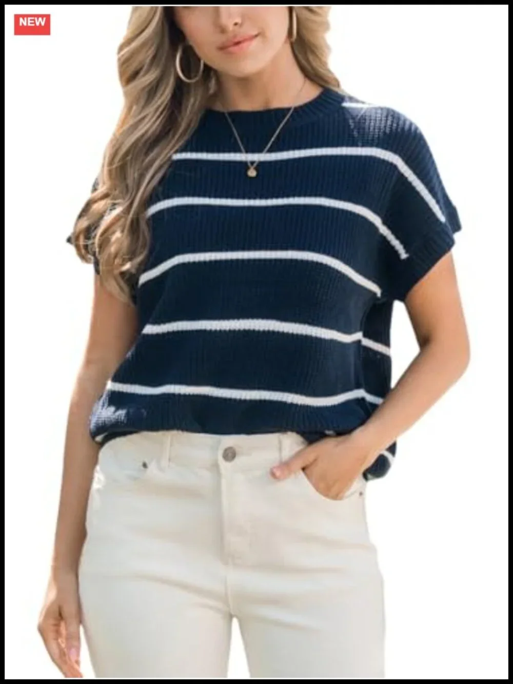Womens Striped Short Sleeve Knit Sweater Casual Crew Neck Cap Sleeve Pullover